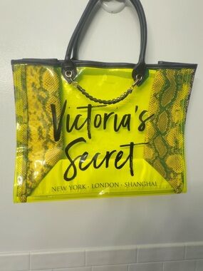 Victoria's Secret Neon Yellow PVC Tote with Snake-Print Panels